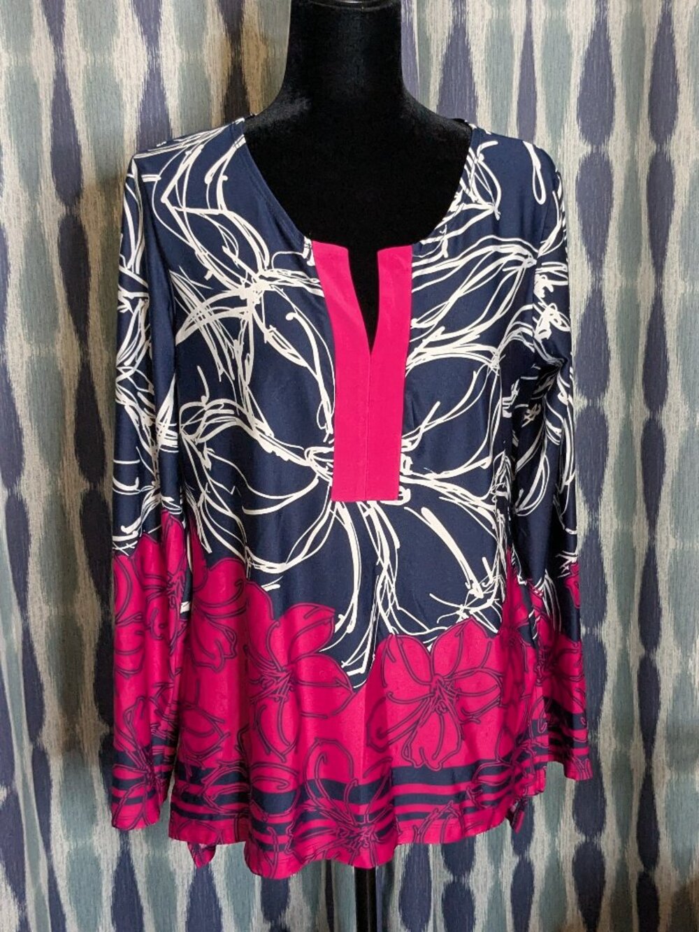 Melissa Paige Large Navy Pink Floral Tunic Blouse Long Sleeve Top